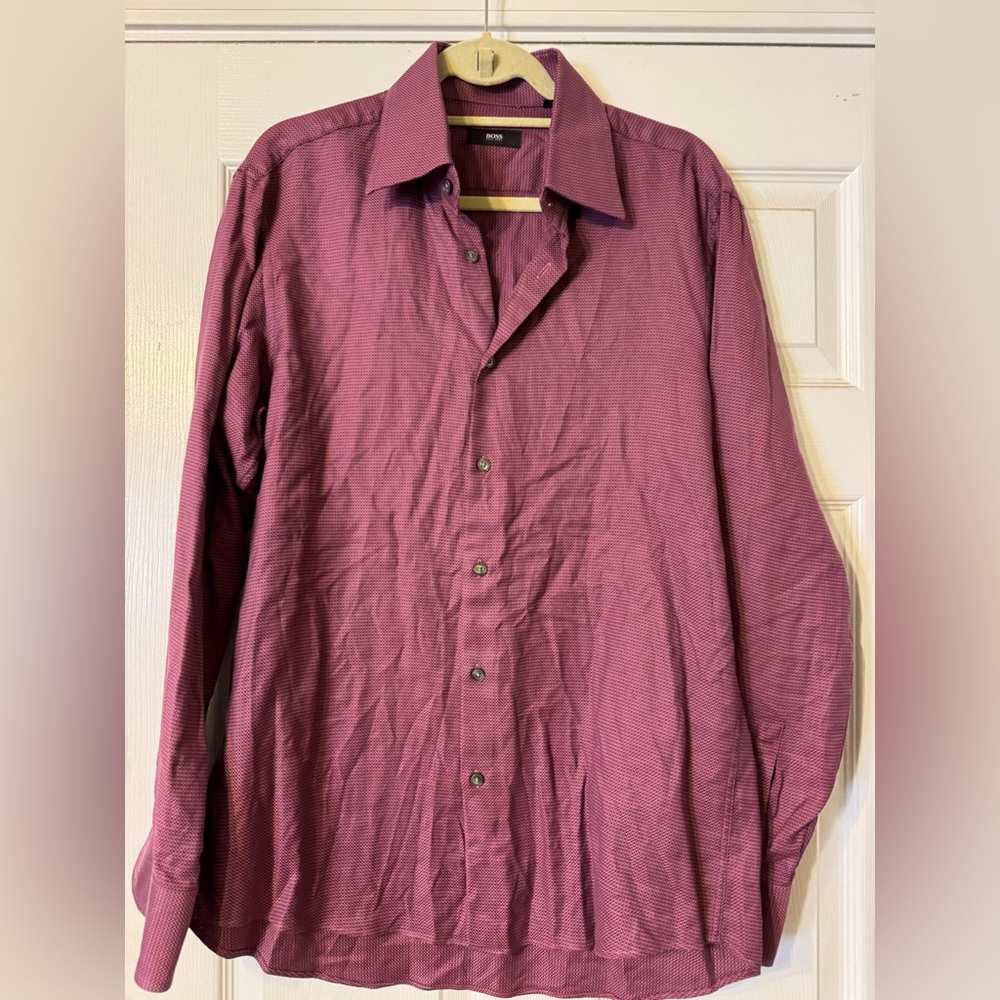 Hugo Boss Men’s Dress Shirt Size 16 | 34/35 Burgundy Micro Check NWOT